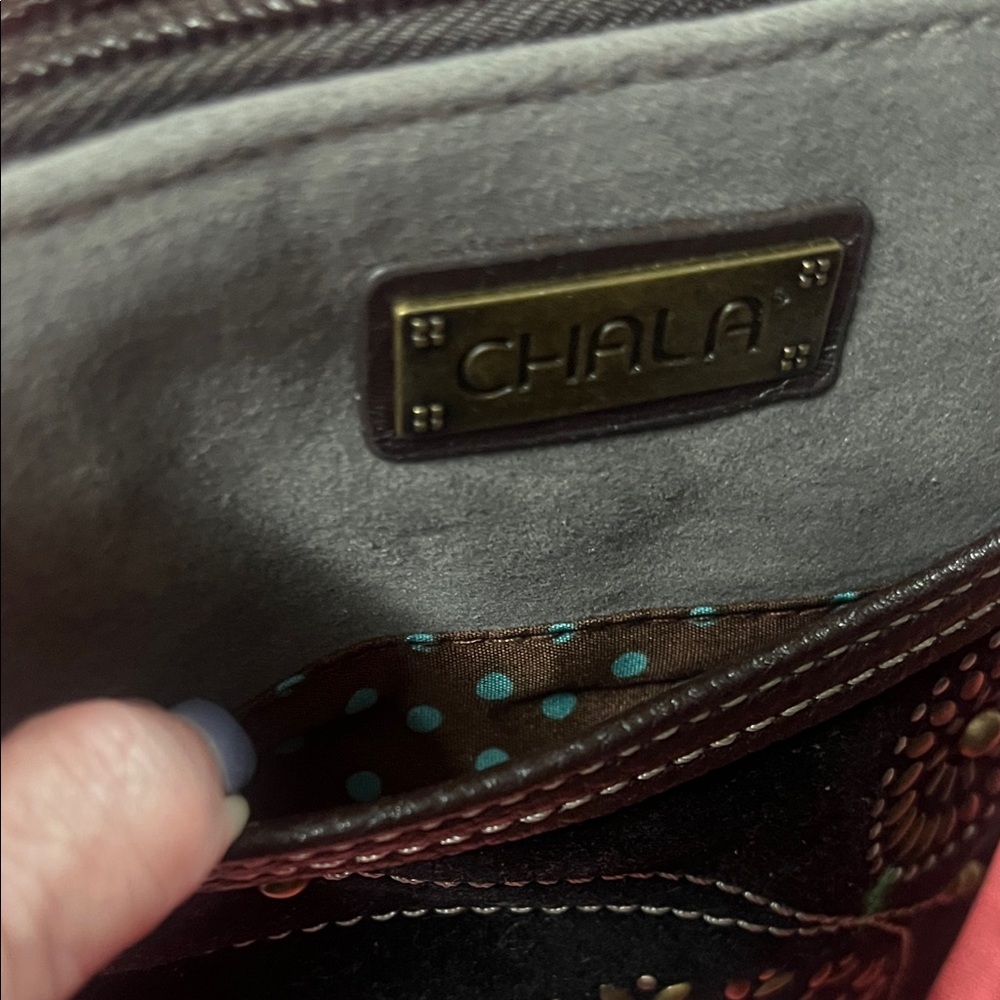 Chala Black/Gray Suede Crossbody Mini- Purse/Phone Bag with Medallion Accents - Picture 11 of 11